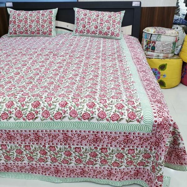 Hand block print bed sheets. Queen size bed covers set